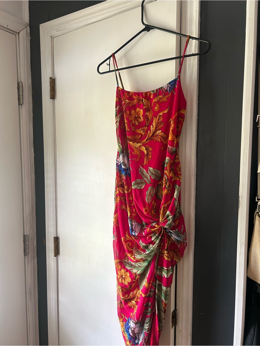 Fashion Nova Hot Pink Floral Slip Dress with Yellow Accents